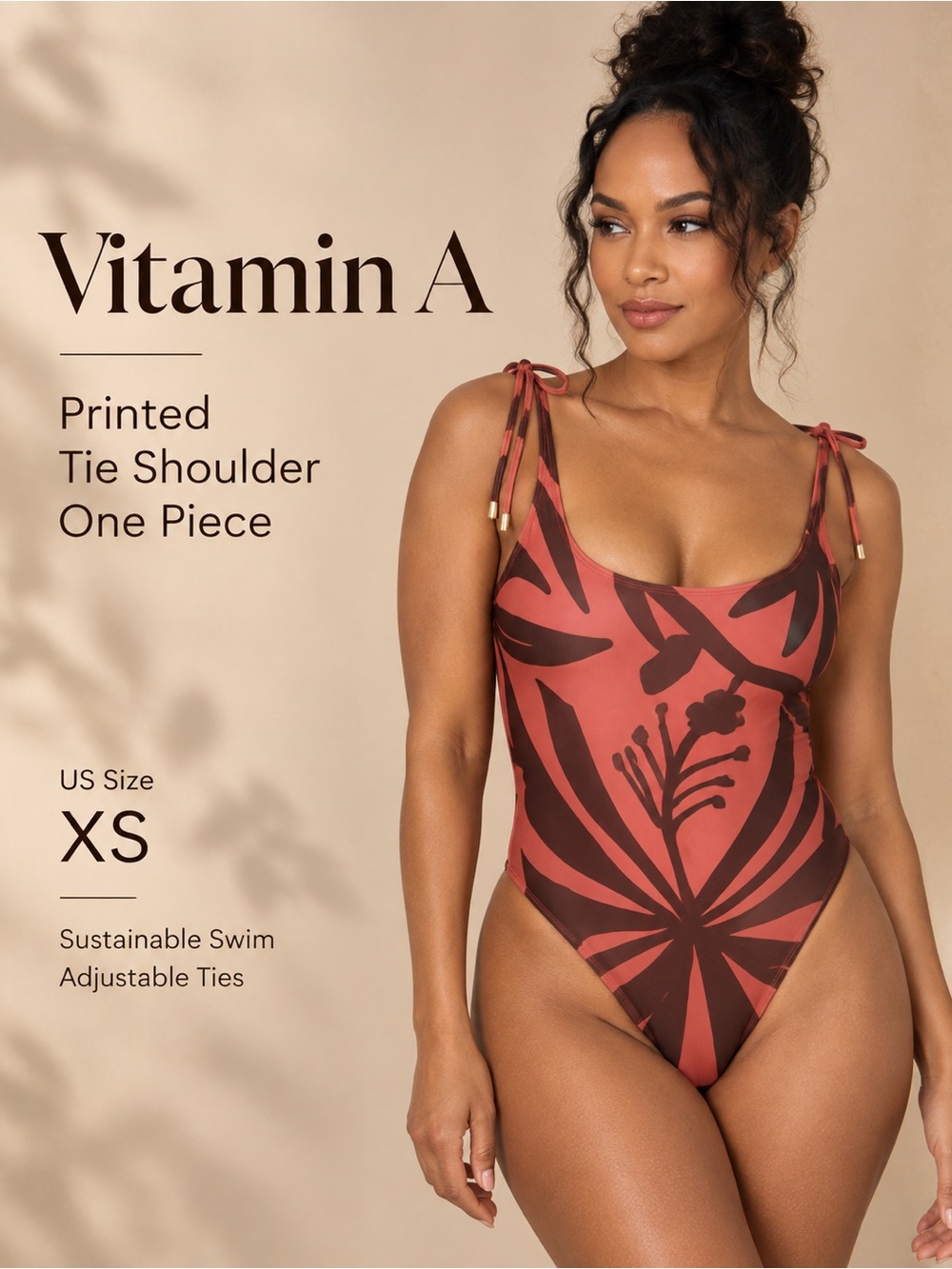 Vitamin A Rust and Dark Brown Botanical Tie-Shoulder One-Piece